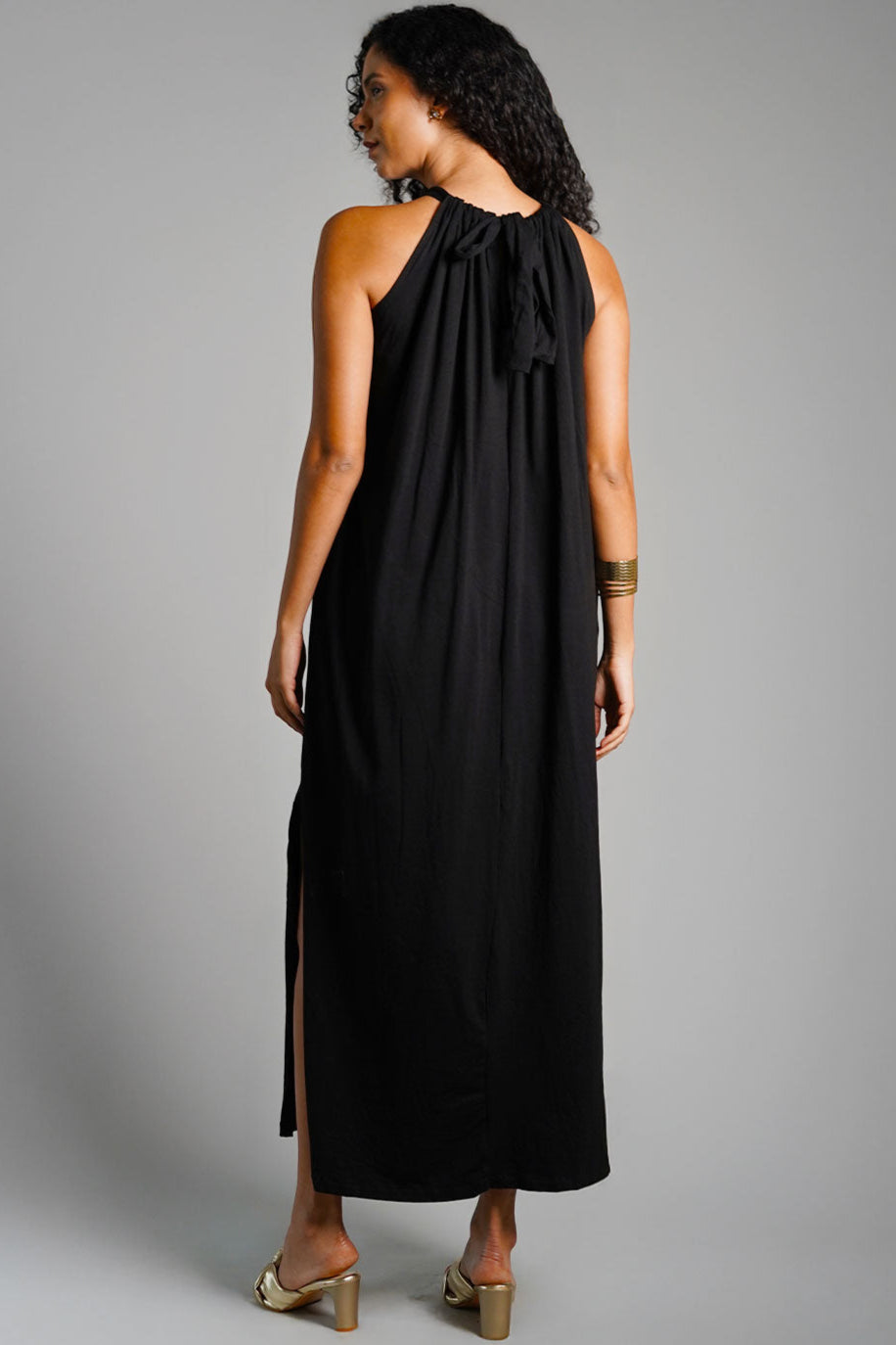 Black Cotton Jersey Maxi Halter Dress