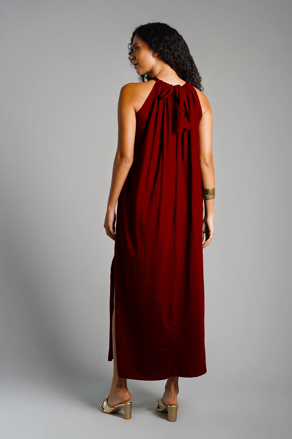 Maroon Cotton Jersey Maxi Halter Dress