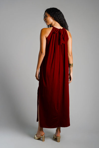 Maroon Cotton Jersey Maxi Halter Dress