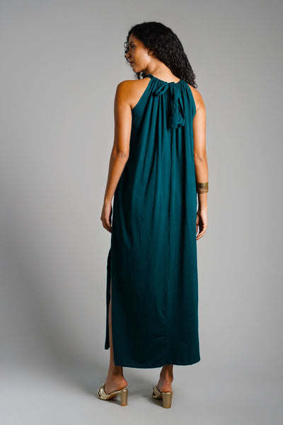 Teal Cotton Jersey Maxi Halter Dress