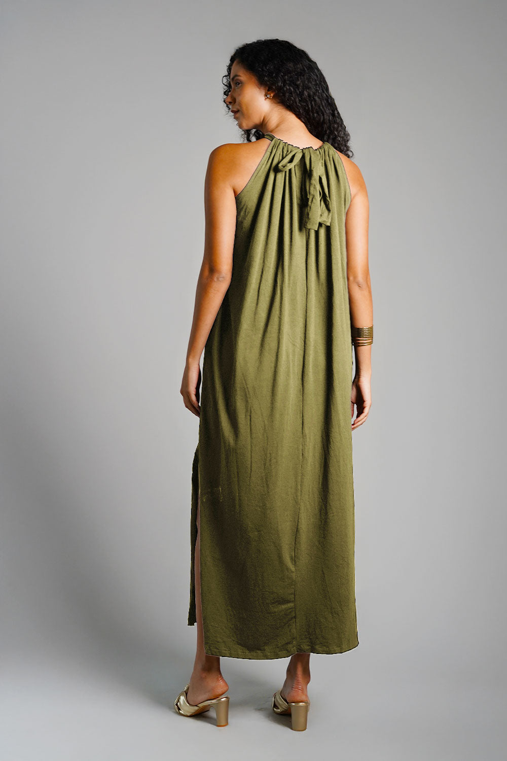 Olive Cotton Jersey Maxi Halter Dress
