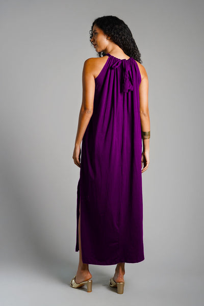 Purple Cotton Jersey Maxi Halter Dress