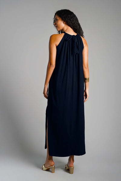 Navy Cotton Jersey Maxi Halter Dress