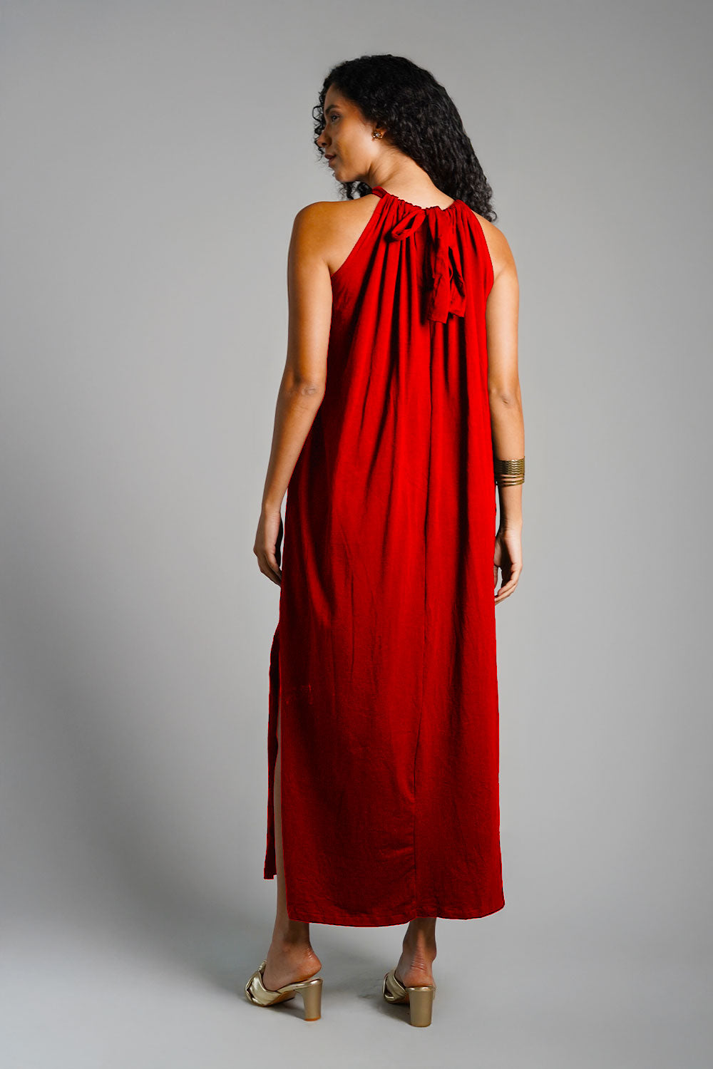 Red Cotton Jersey Maxi Halter Dress
