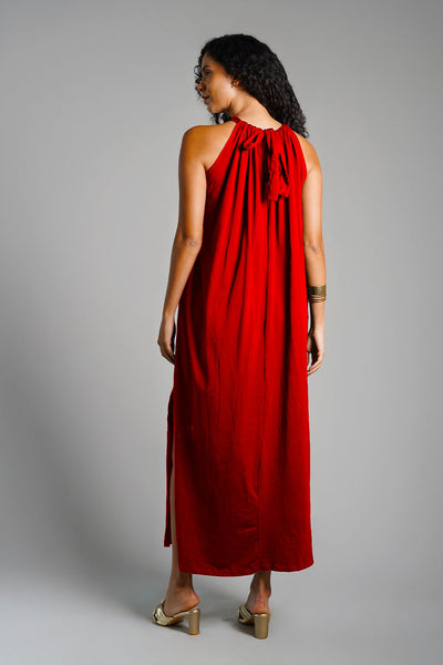 Red Cotton Jersey Maxi Halter Dress
