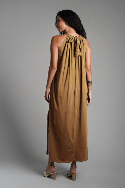 Beige Cotton Jersey Maxi Halter Dress