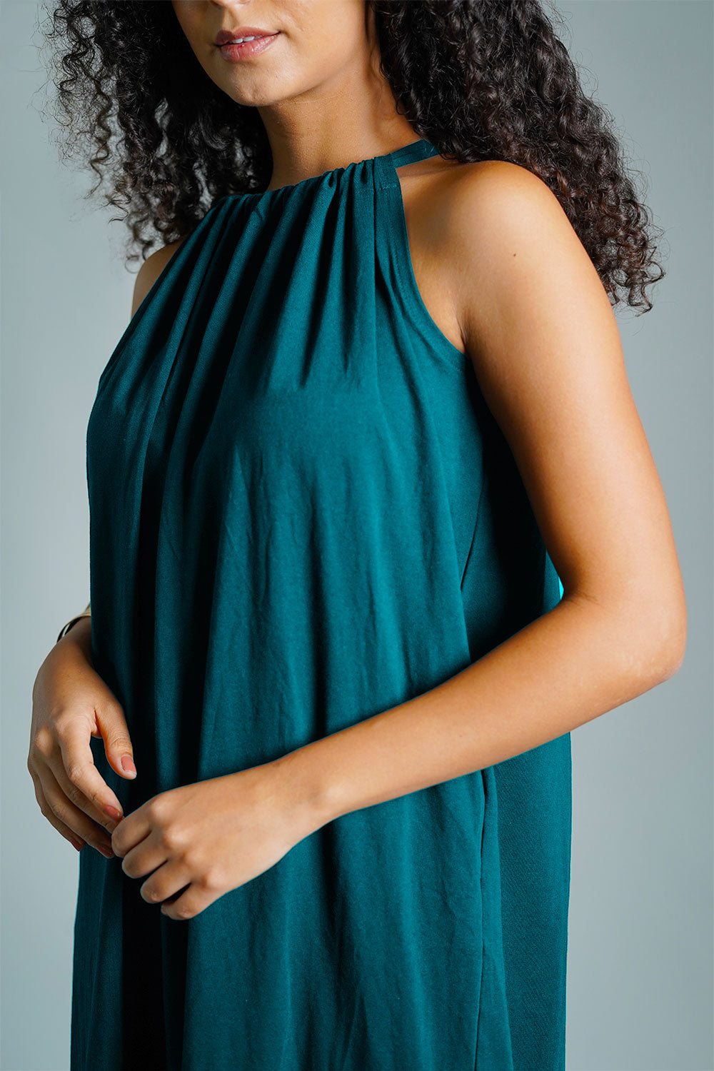 Teal Cotton Jersey Maxi Halter Dress