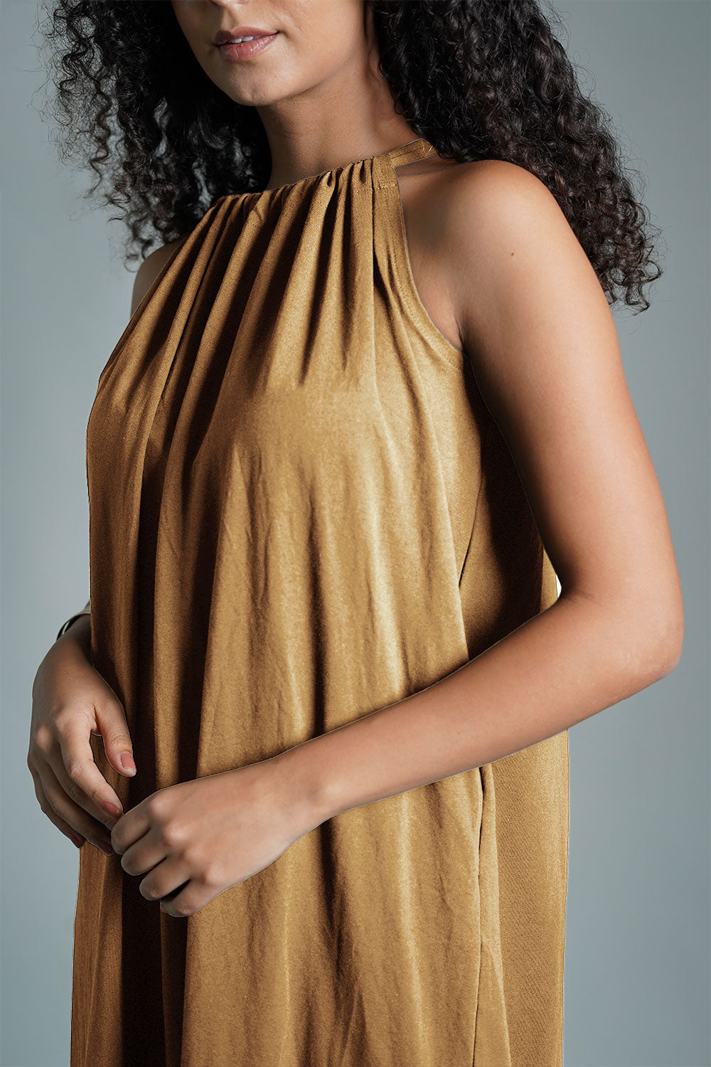 Beige Cotton Jersey Maxi Halter Dress