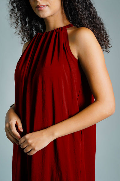 Maroon Cotton Jersey Maxi Halter Dress