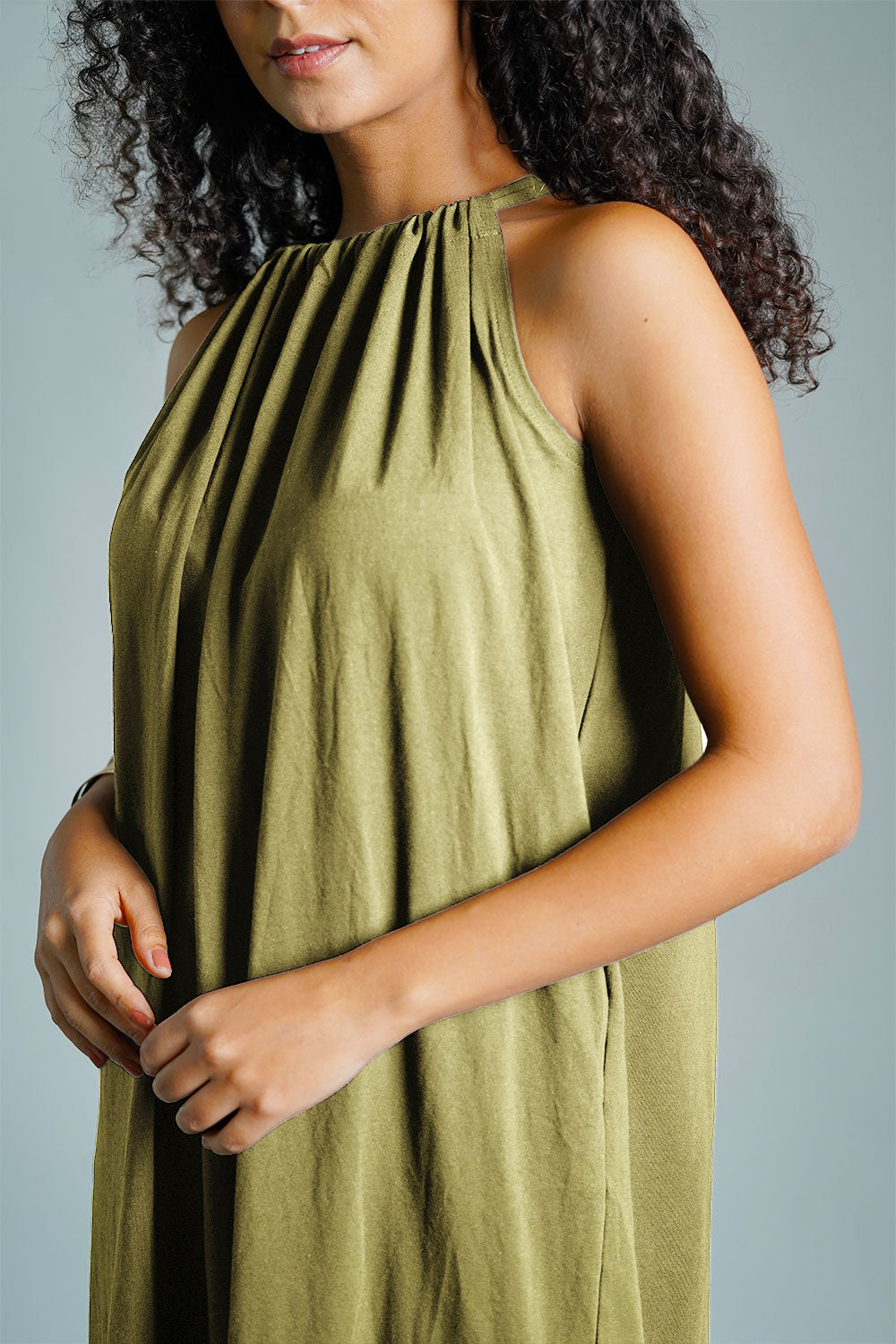 Olive Cotton Jersey Maxi Halter Dress