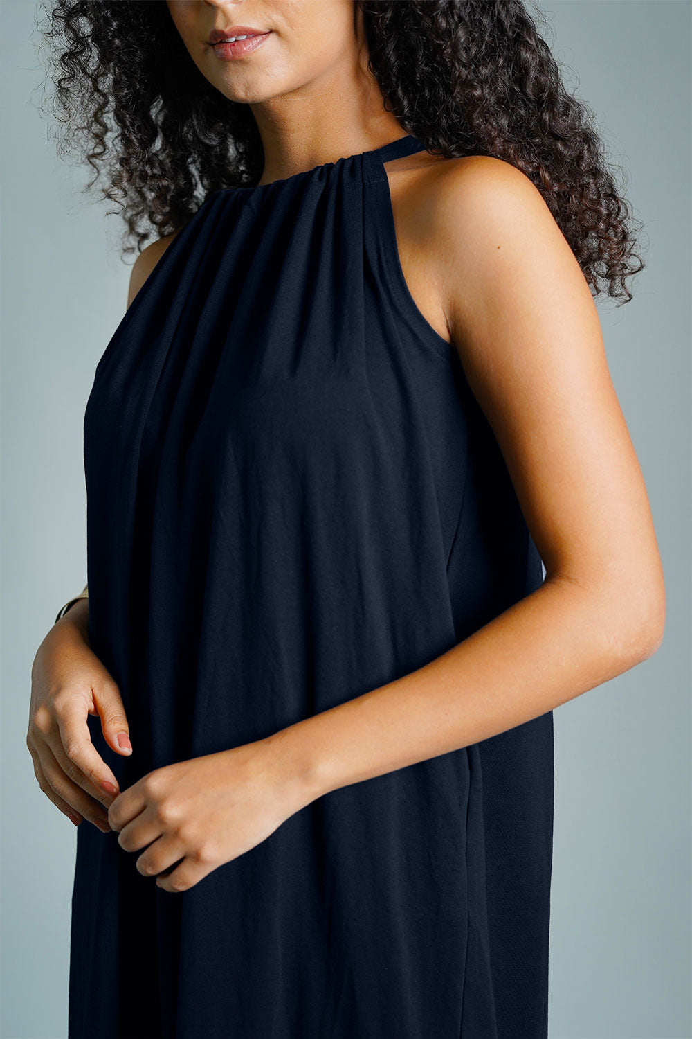 Navy Cotton Jersey Maxi Halter Dress