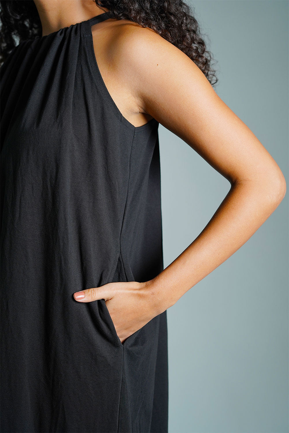Black Cotton Jersey Maxi Halter Dress