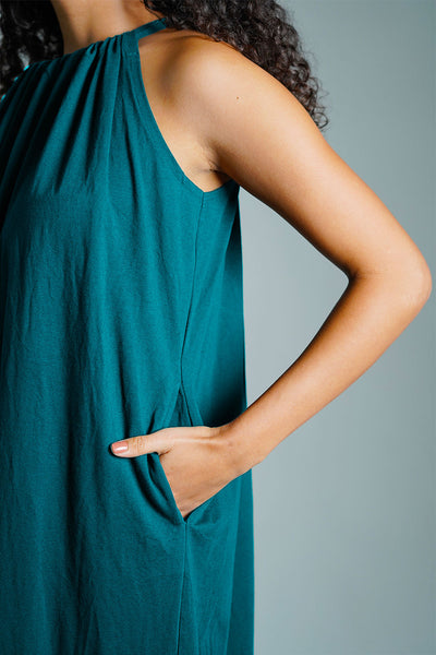 Teal Cotton Jersey Maxi Halter Dress