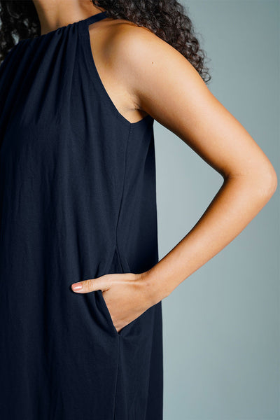 Navy Cotton Jersey Maxi Halter Dress