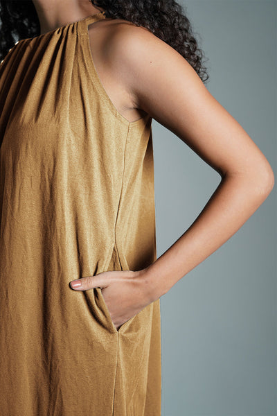 Beige Cotton Jersey Maxi Halter Dress