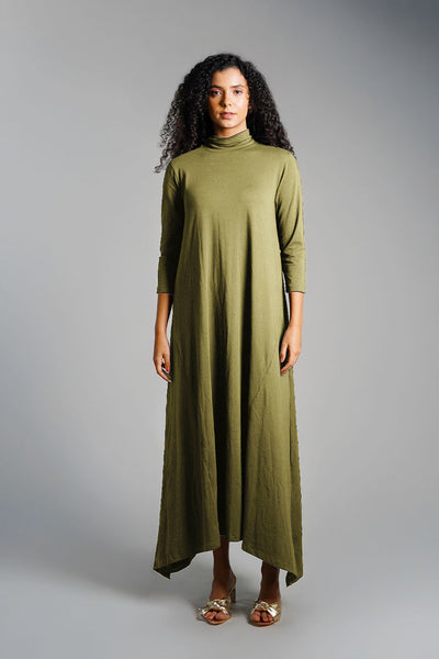 Asymmetric Hem Olive Cotton Jersey Shift Dress