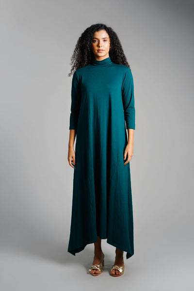 Asymmetric Hem Teal Cotton Jersey Shift Dress