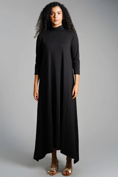 Asymmetric Hem Black Cotton Jersey Shift Dress