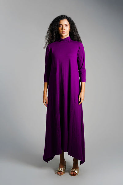 Asymmetric Hem Purple Cotton Jersey Shift Dress