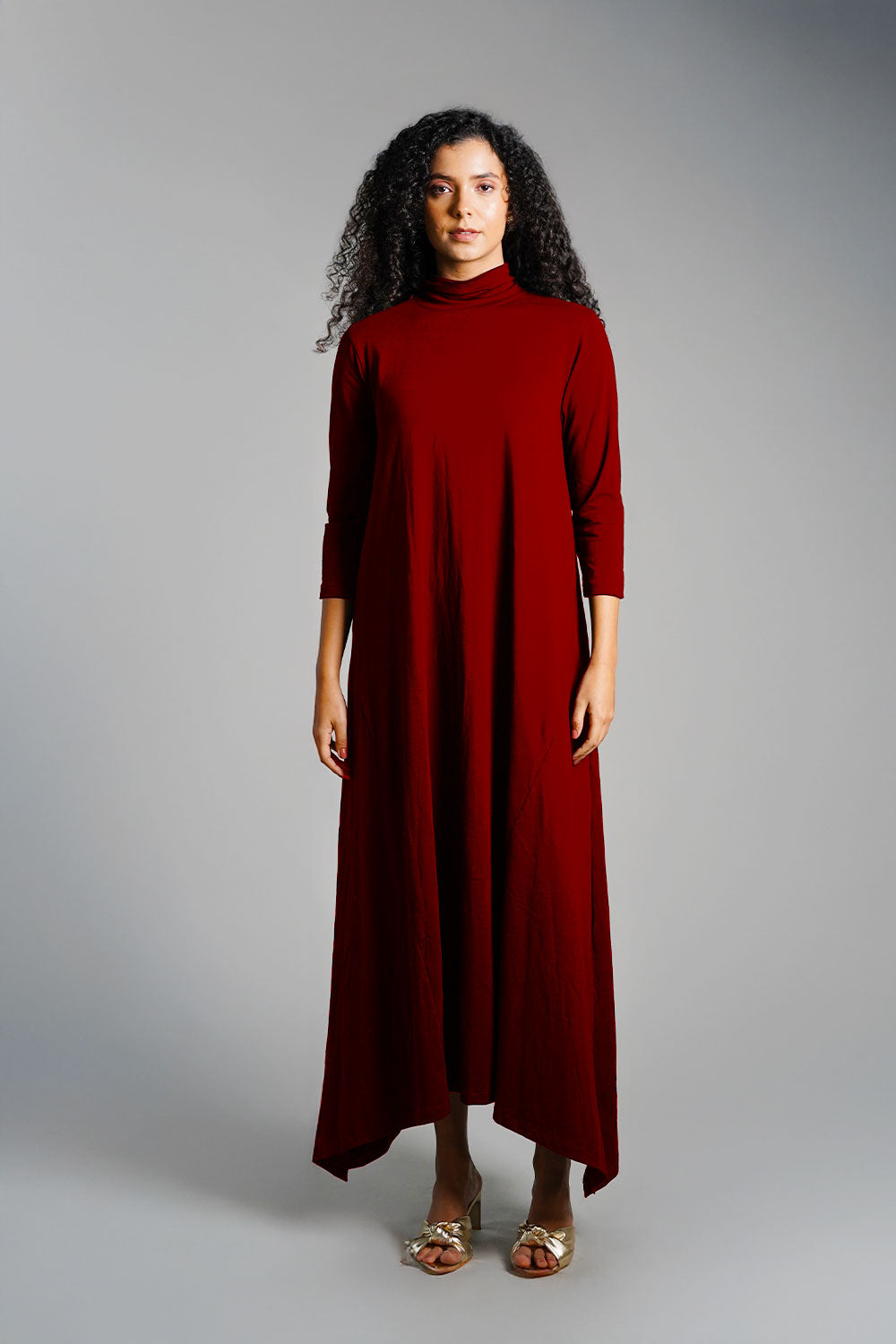Asymmetric Hem Maroon Cotton Jersey Shift Dress