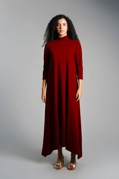 Asymmetric Hem Maroon Cotton Jersey Shift Dress