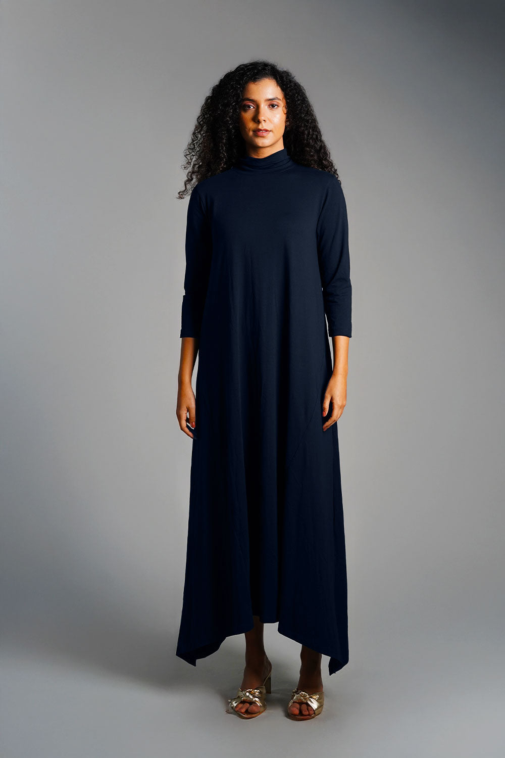 Asymmetric Hem Navy Cotton Jersey Shift Dress