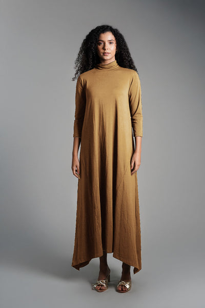 Asymmetric Hem Beige Cotton Jersey Shift Dress