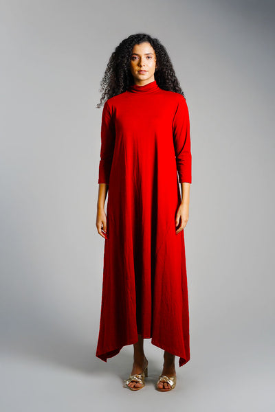 Asymmetric Hem Red Cotton Jersey Shift Dress