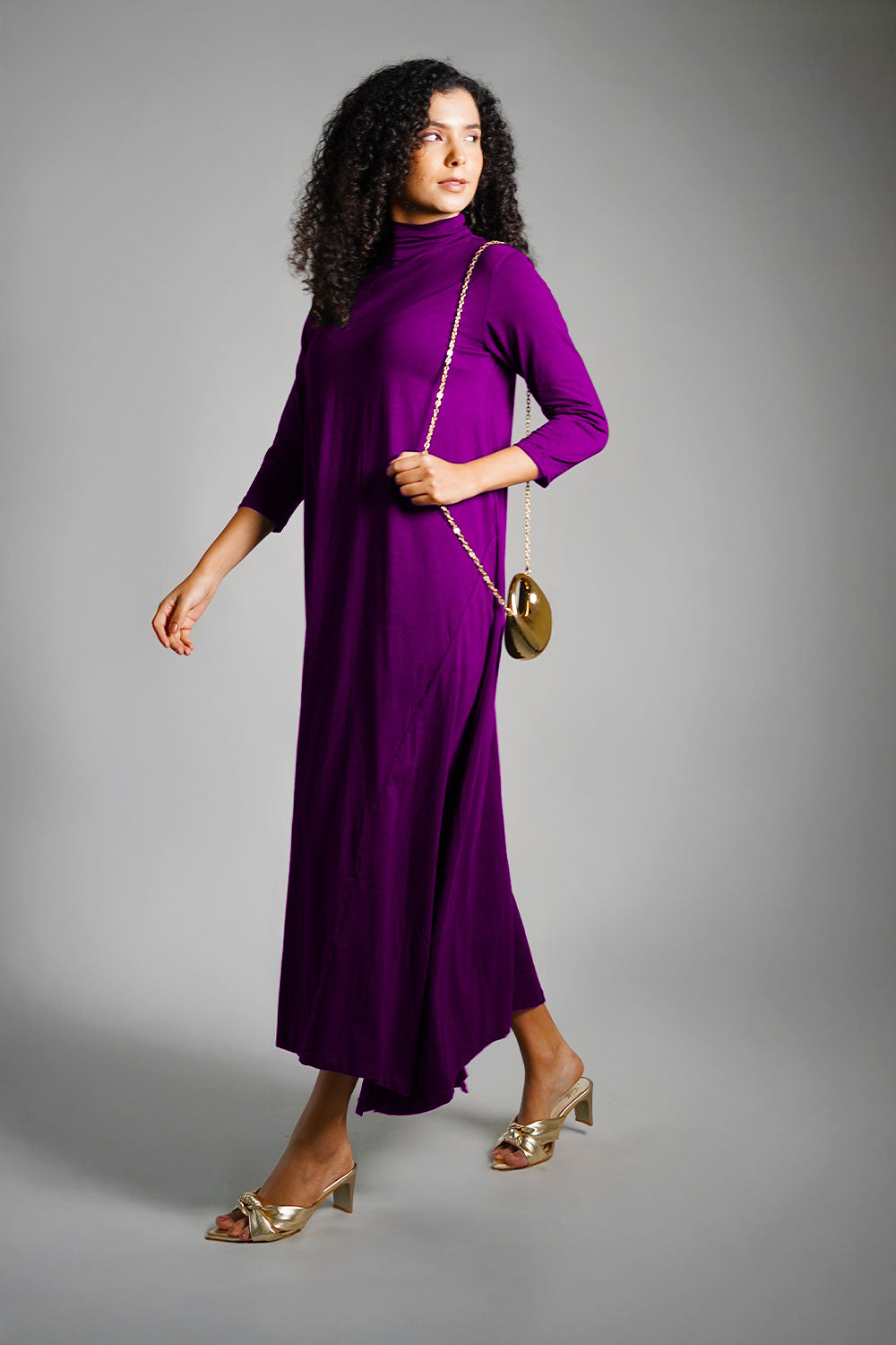 Asymmetric Hem Purple Cotton Jersey Shift Dress