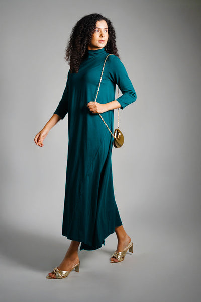 Asymmetric Hem Teal Cotton Jersey Shift Dress