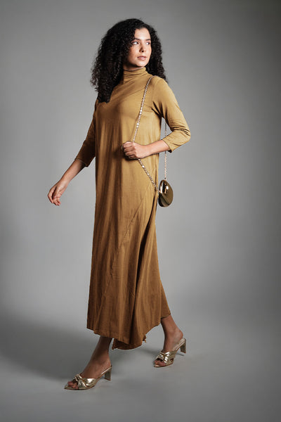 Asymmetric Hem Beige Cotton Jersey Shift Dress