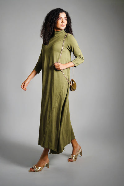 Asymmetric Hem Olive Cotton Jersey Shift Dress