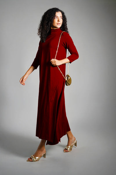 Asymmetric Hem Maroon Cotton Jersey Shift Dress
