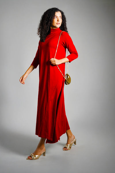 Asymmetric Hem Red Cotton Jersey Shift Dress
