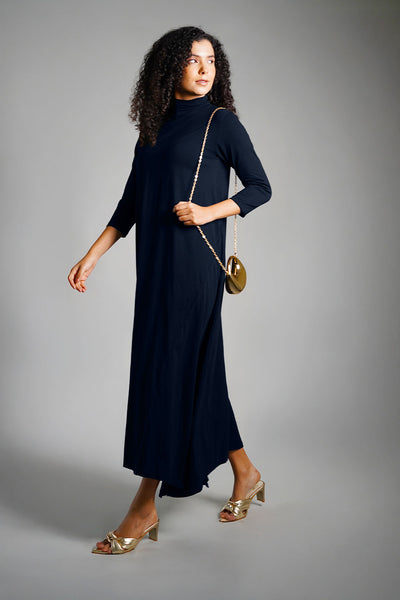 Asymmetric Hem Navy Cotton Jersey Shift Dress