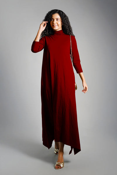 Asymmetric Hem Maroon Cotton Jersey Shift Dress