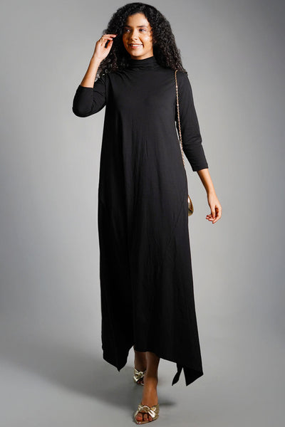 Asymmetric Hem Black Cotton Jersey Shift Dress
