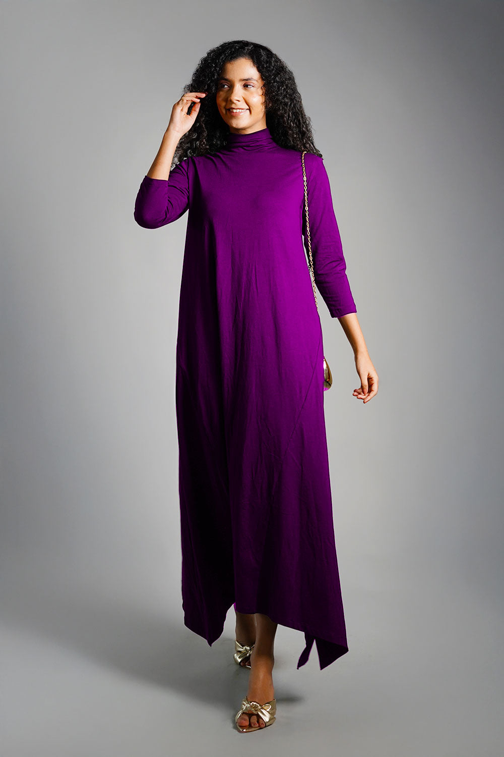 Asymmetric Hem Purple Cotton Jersey Shift Dress