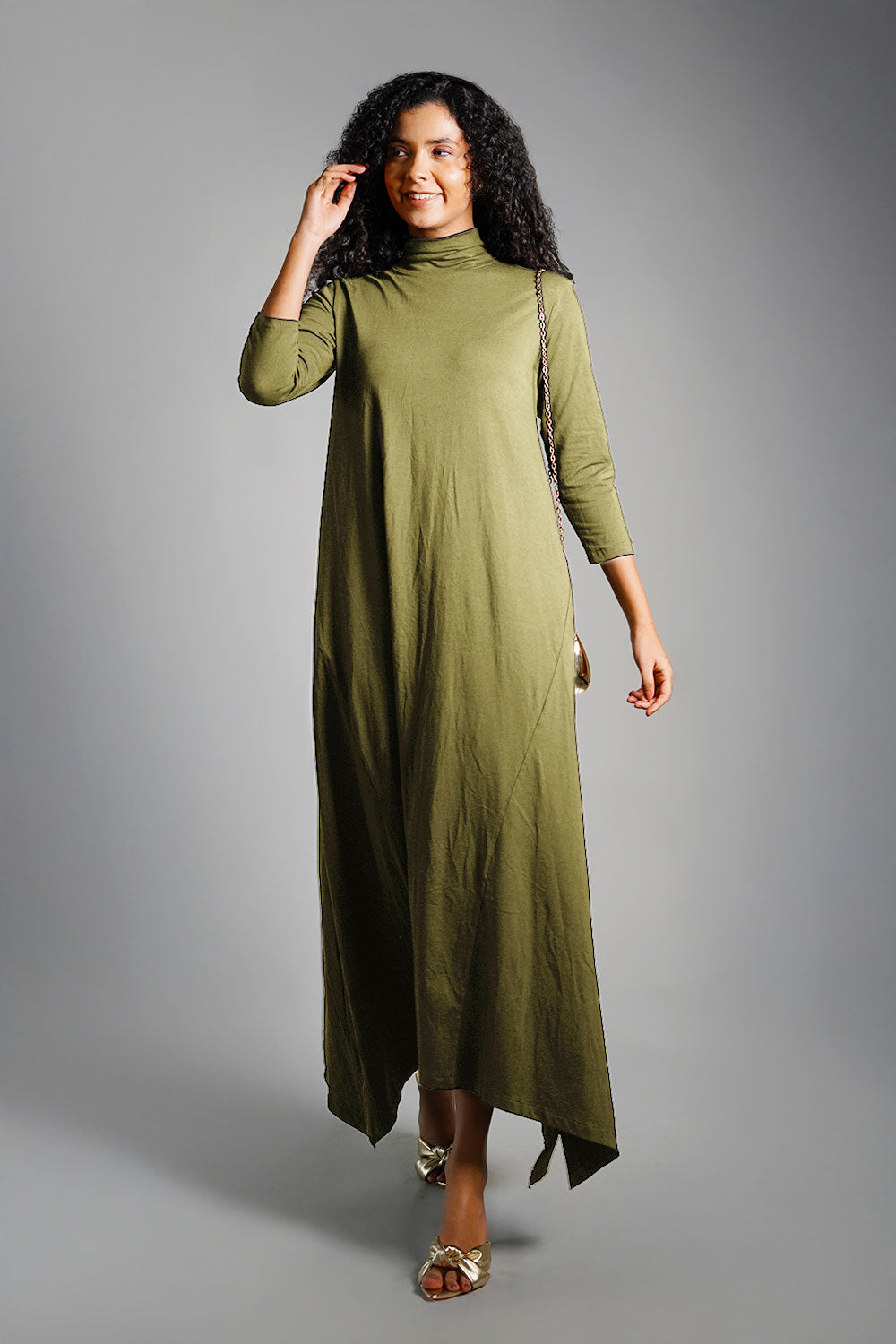 Asymmetric Hem Olive Cotton Jersey Shift Dress