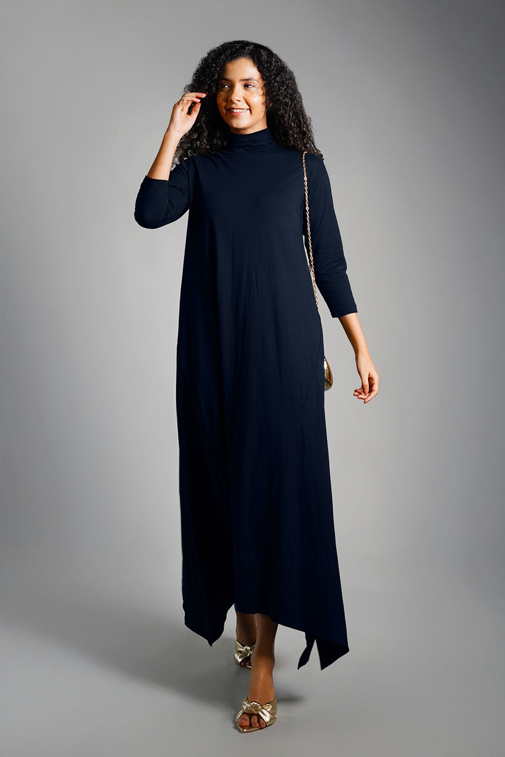 Asymmetric Hem Navy Cotton Jersey Shift Dress