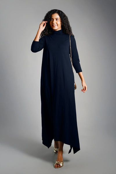 Asymmetric Hem Navy Cotton Jersey Shift Dress