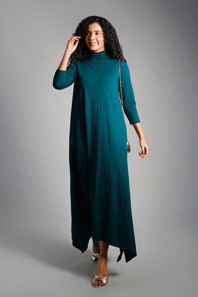 Asymmetric Hem Teal Cotton Jersey Shift Dress