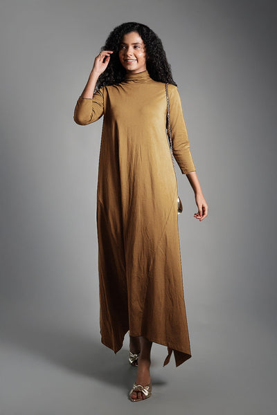 Asymmetric Hem Beige Cotton Jersey Shift Dress
