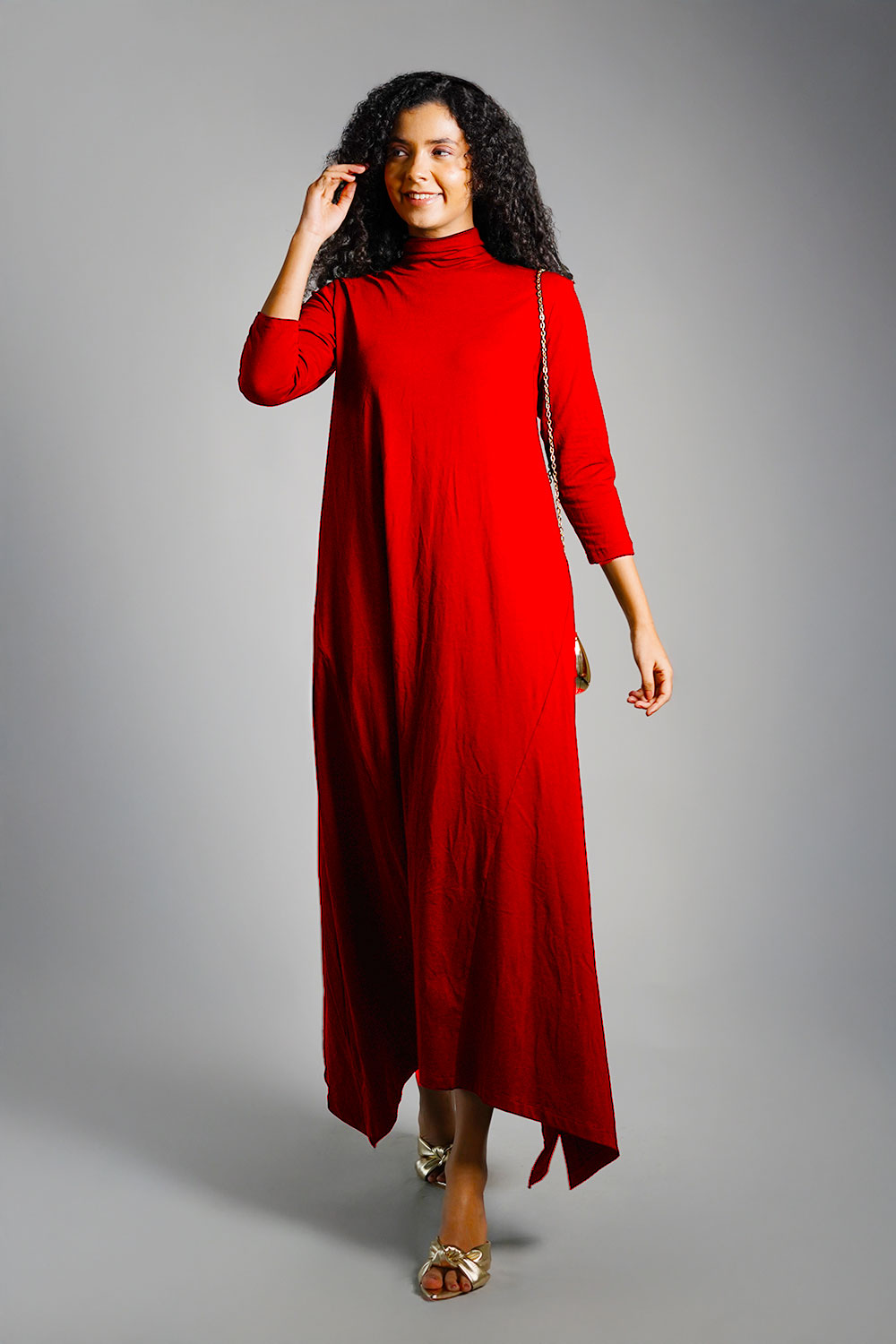 Asymmetric Hem Red Cotton Jersey Shift Dress