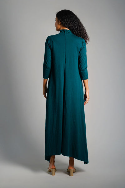 Asymmetric Hem Teal Cotton Jersey Shift Dress
