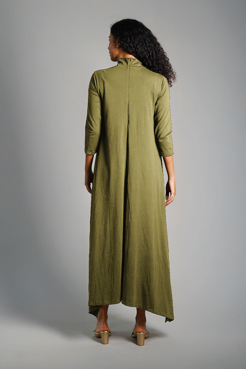 Asymmetric Hem Olive Cotton Jersey Shift Dress