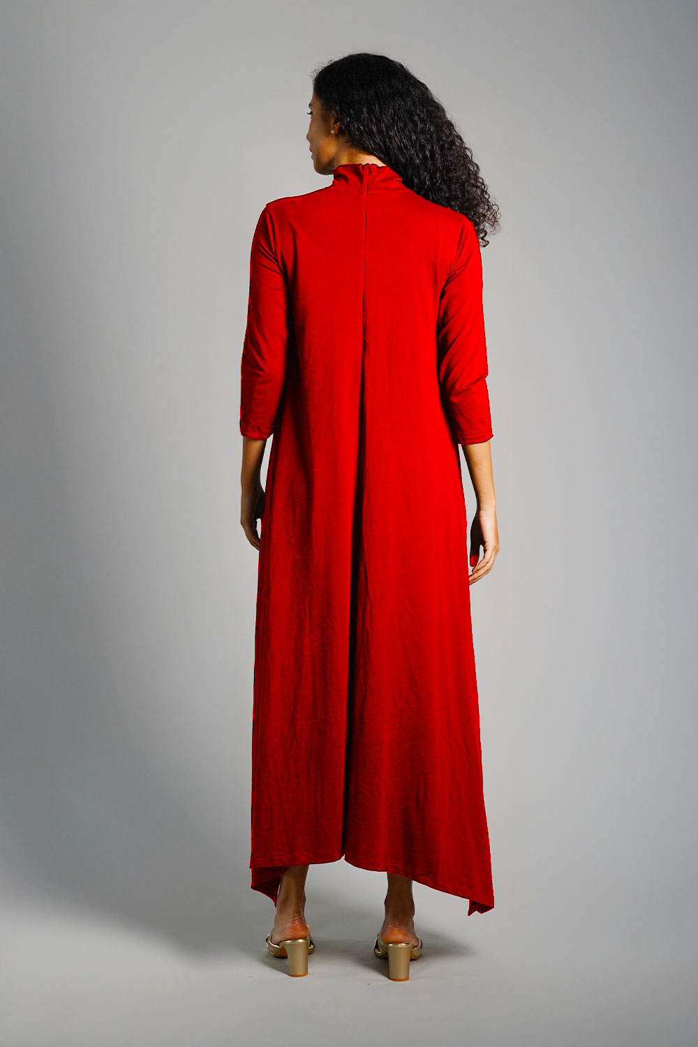 Asymmetric Hem Red Cotton Jersey Shift Dress