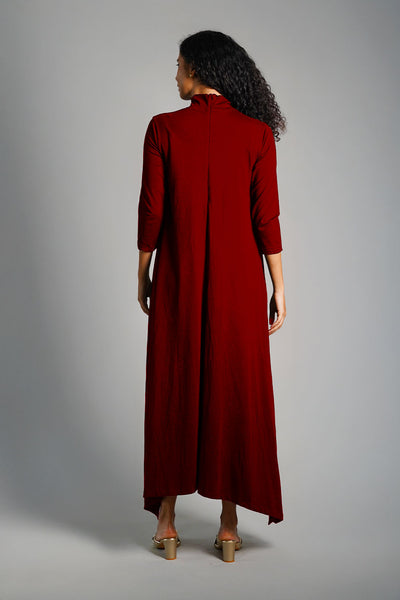 Asymmetric Hem Maroon Cotton Jersey Shift Dress
