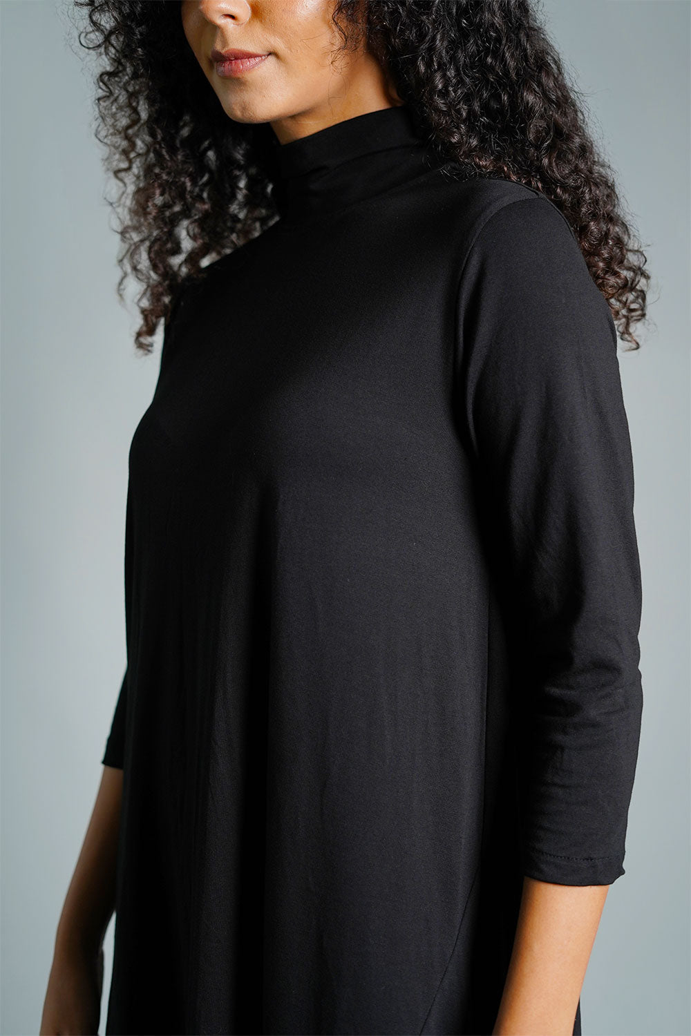 Asymmetric Hem Black Cotton Jersey Shift Dress