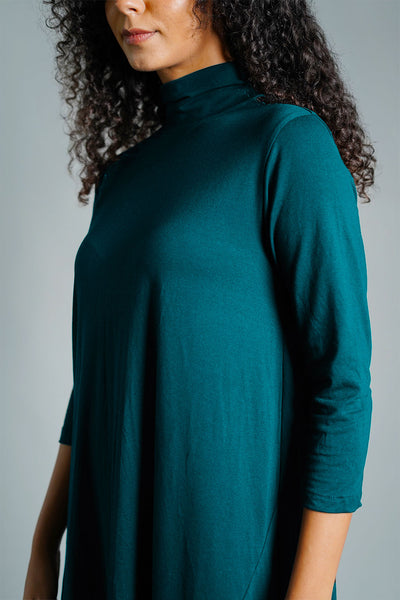 Asymmetric Hem Teal Cotton Jersey Shift Dress